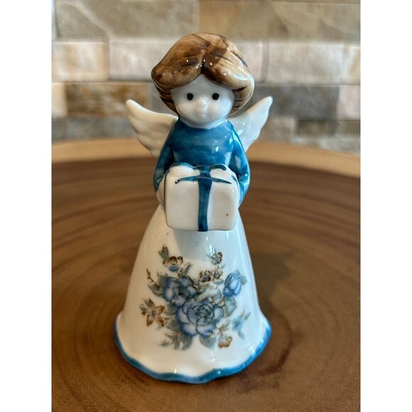 Porcelain Angel Bell Figurine With Gift Blue & White Floral Design Frankenmuth G - Picture 1 of 8